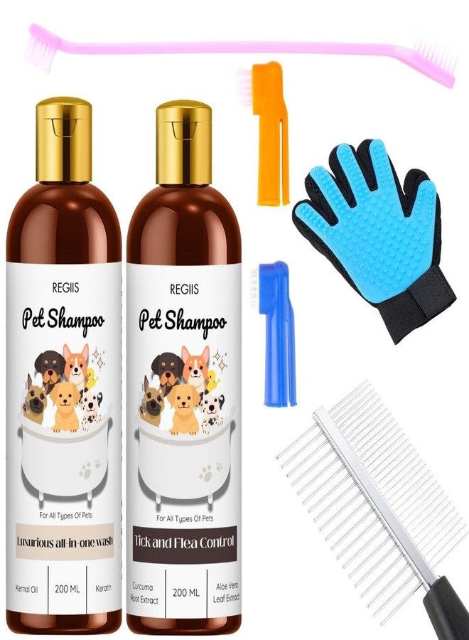 REGIIS Pet Grooming Kit with Dog Shampoo Set, 2 x 200ml Bottles, Tick and Flea Control, Grooming Glove, Pet Comb, Toothbrush(5 PACK)